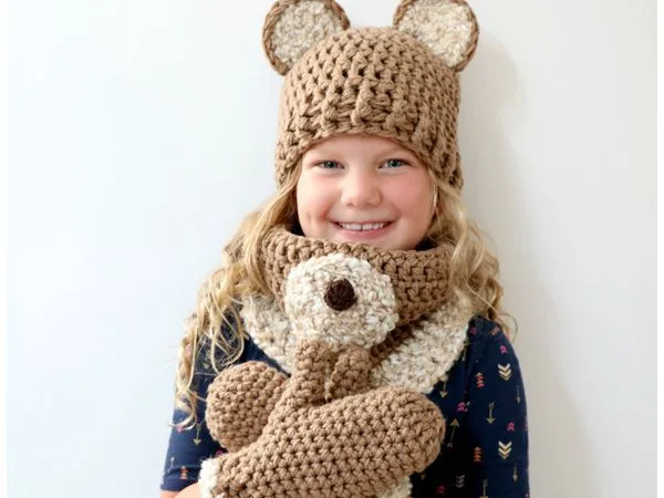 Honey Bear Hat, Cowl & Mitten Set