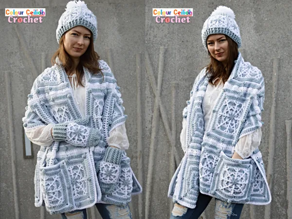 crochet Snowflake Pocket Shawl Set free pattern