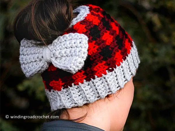 Chunky Plaid Bun Beanie