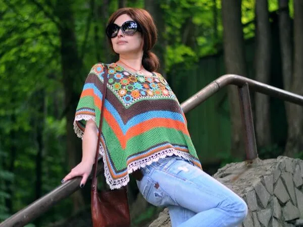 Womens OOAK Flower Poncho