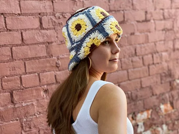 crochet Sunflower Granny Square Bucket Hat easy pattern