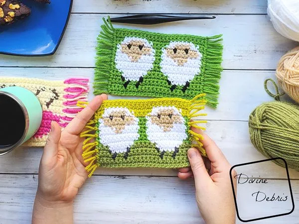 crochet Dancing Sheep Mug Rug free pattern