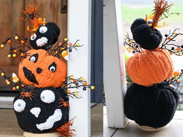 crochet 3-Stack Jack-O-Lantern Topiary free pattern