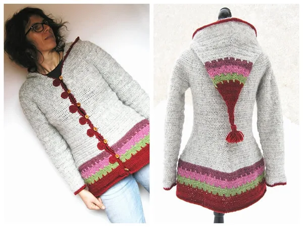 Women's jacket with large pointy hood